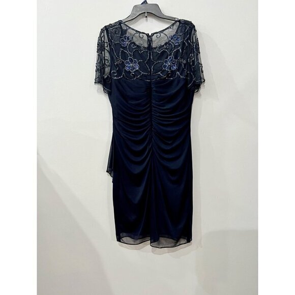 New Xscape Size 18 Beaded Short Sleeve Chiffon Sheath Dress Navy *Thread Pulls* - Picture 12 of 16